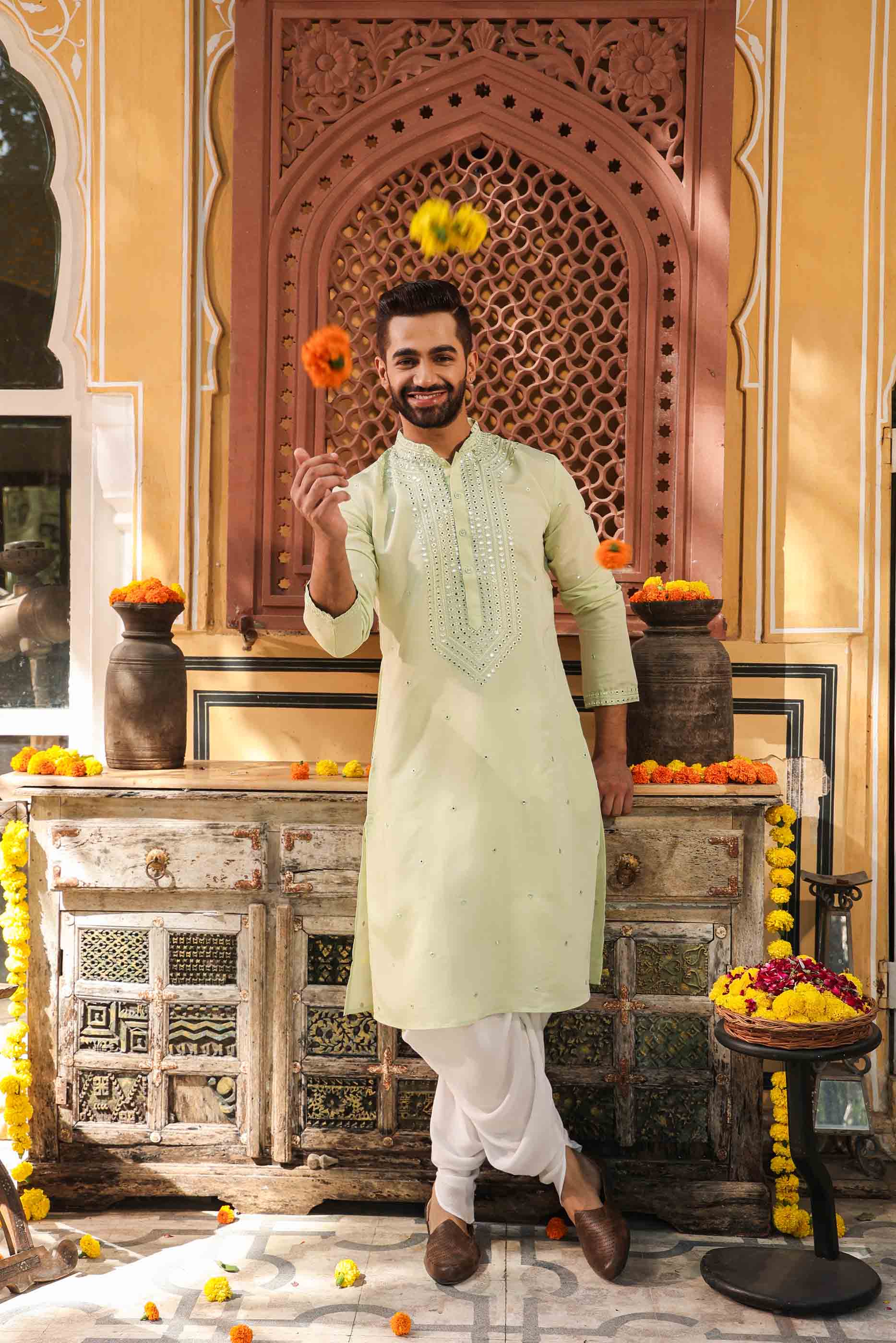 Green Mirror work Kurta